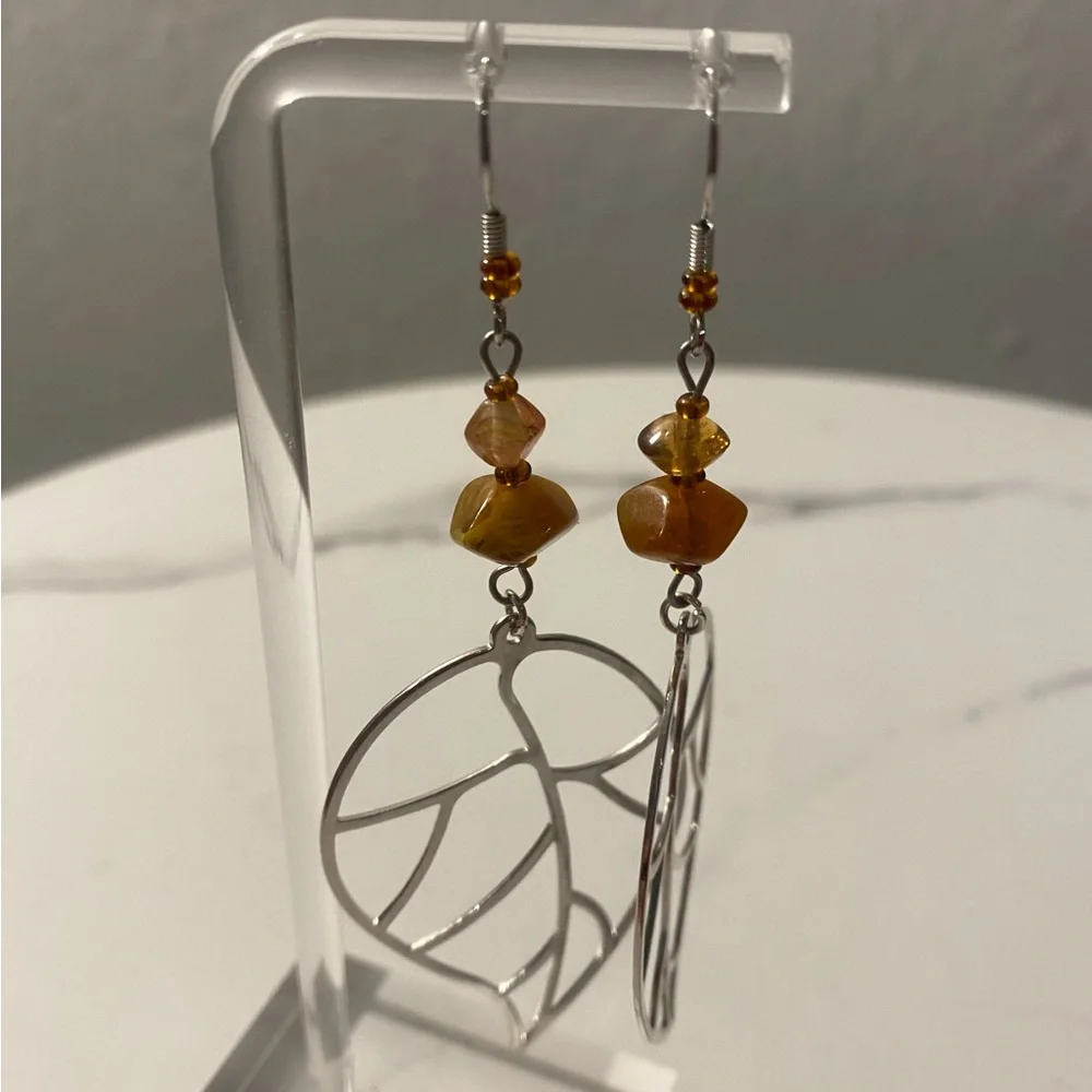 Amber and Glass Leaf Earrings - Picture 7 of 7